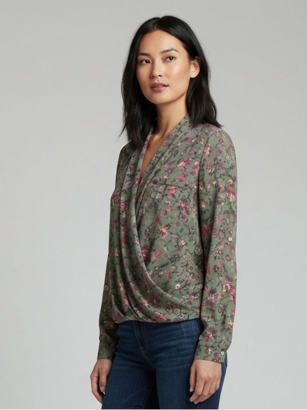 KUT FROM THE KLOTH Imani Floral Wrap Blouse M Olive Green Multi $79 Retail NWOT
